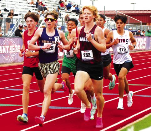 Photos by Martelle Luedecke/ Luedecke Photography Marble Falls junior runner Tyler Hamblin stays with the pack during the 3,200 meters at the Class 4A Region III meet April 20.