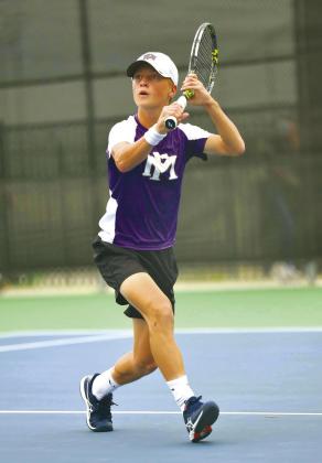 Marble Falls sophomore Cooper Womack returns a shot for a winner during the boys singles draw of the Class 4A state tournament May 16. Photos by Wayne Craig/Clear Memories